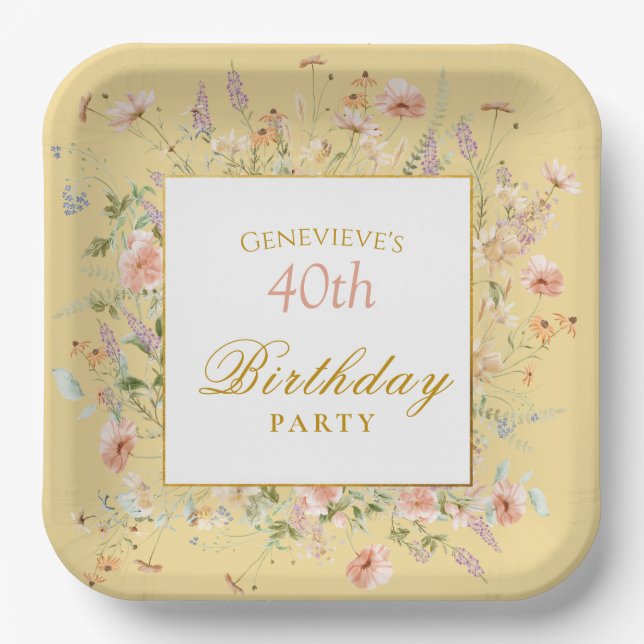 Watercolor Wildflowers 40th Yellow Birthday Pappteller (Vorderseite)