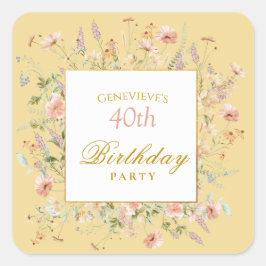 Watercolor Wildflowers 40th Yellow Birthday Quadratischer Aufkleber