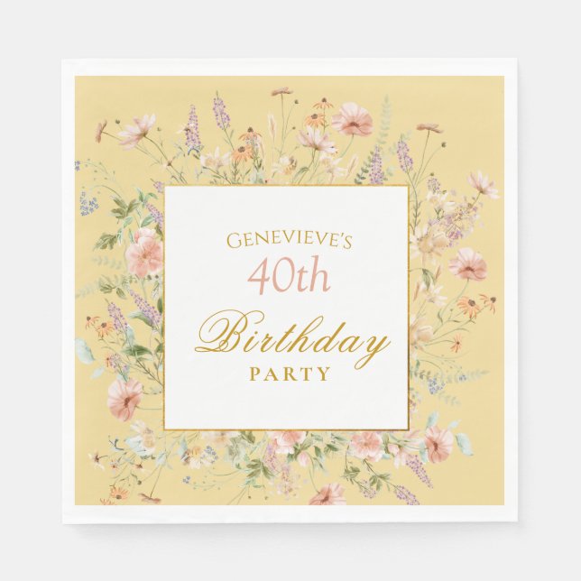 Watercolor Wildflowers 40th Yellow Birthday Serviette (Vorderseite)