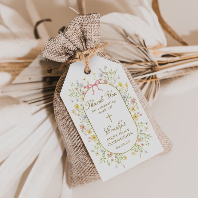 Watercolor Wildflowers Gold Cross First Communion Geschenkanhänger (Von Creator hochgeladen)