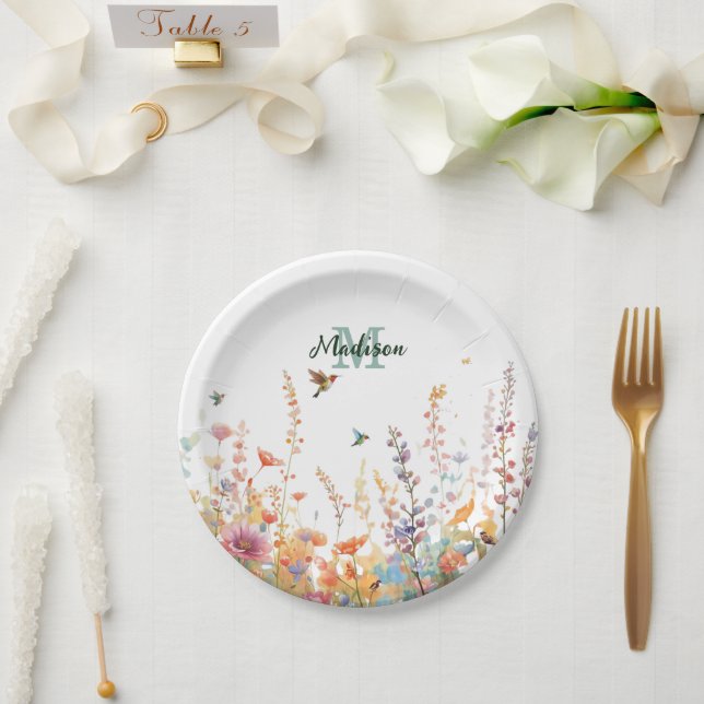 Watercolor Wildflowers Monogram Personalized Name Pappteller (Hochzeit)