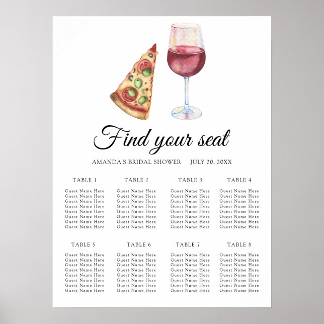 Watercolor Wine & Pizza Wedding seating chart Poster (Vorne)