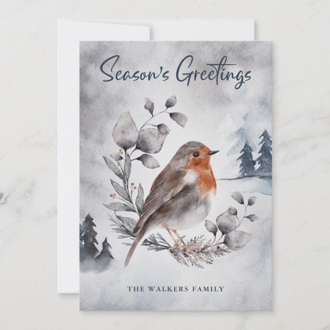Watercolor Winter American Robin Holiday Card (Vorderseite)