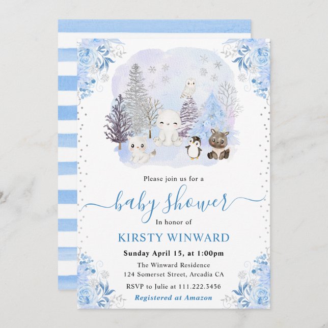 Watercolor Winter Arctic Animals Baby Shower Einladung (Vorne/Hinten)