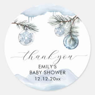Watercolor-Winter-Berg-Schneeflocken-Baby-Party  Runder Aufkleber