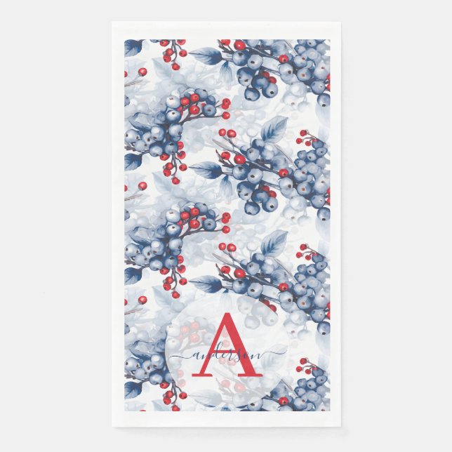 Watercolor Winter Berries Mit Monogramm Weihnachte Serviette (Vorderseite)