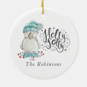 Watercolor Winter Bird Holly Jolly Weihnachts-Foto Keramik Ornament