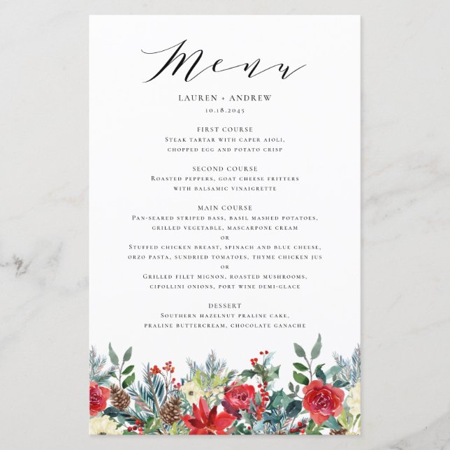 Watercolor Winter Blooms Garland Wedding Menu Card (Vorderseite)