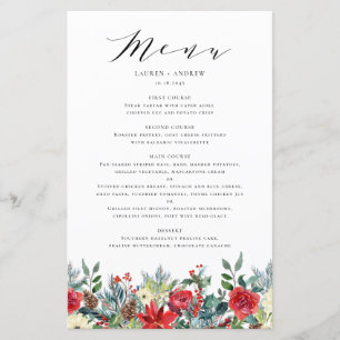Watercolor Winter Blooms Garland Wedding Menu Card