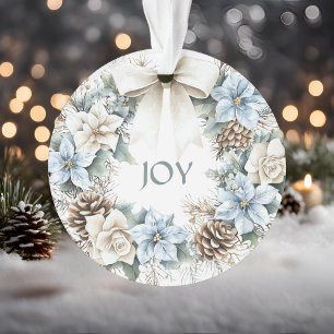 Watercolor Winter Blue Floral Joy Holiday Wreath Ornament