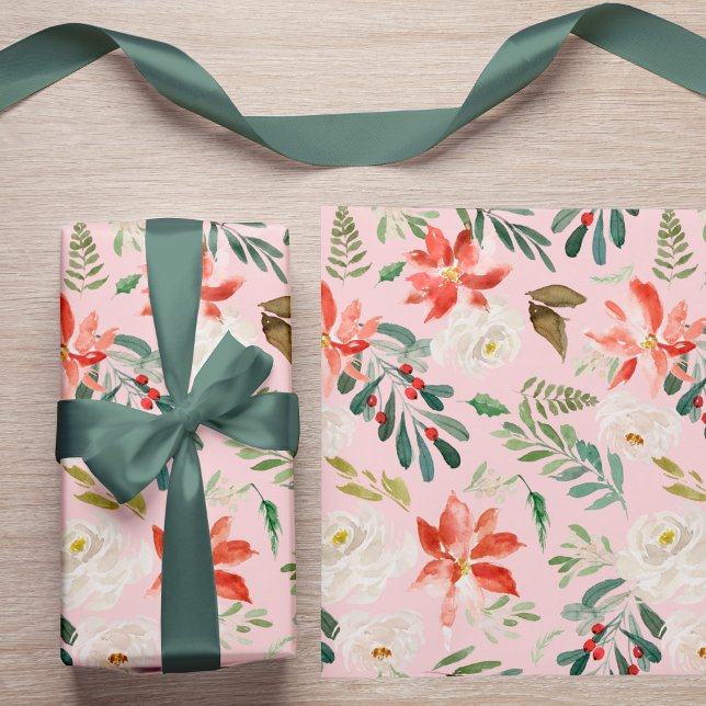 Watercolor Winter Blume Holly Berries Gemustert Geschenkpapier (The ribbon can be purchased separately - please see the collection)