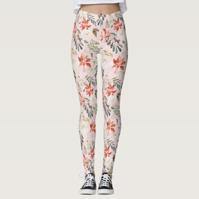 Watercolor Winter Blume Holly Berries Gemustert Leggings (Vorderseite)