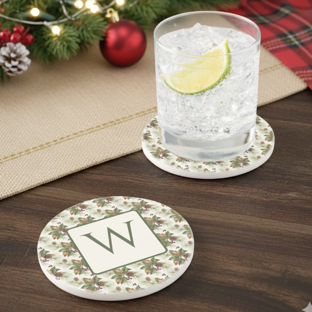 Watercolor Winter Botanical Pattern Getränkeuntersetzer (Holiday monogram drink coaster)