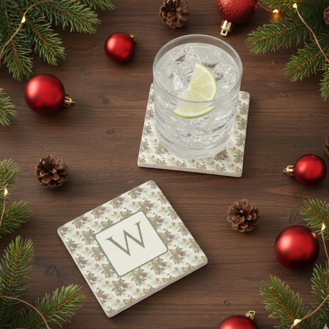 Watercolor Winter Botanical Pattern Steinuntersetzer (Holiday monogram drink coaster
)
