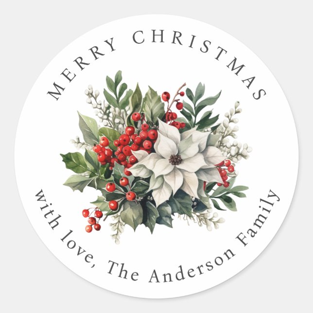 Watercolor Winter Botanicals Christmas Holiday Runder Aufkleber (Vorderseite)