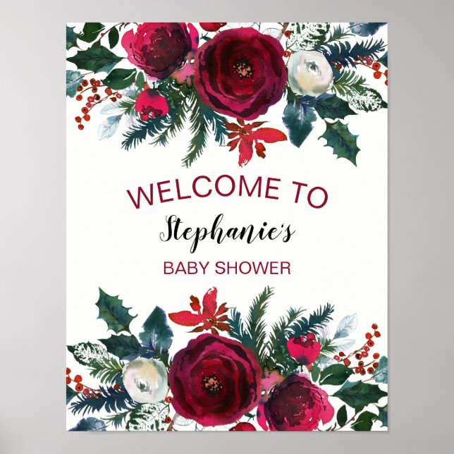 Watercolor Winter Burgund Blume Poster (Vorne)