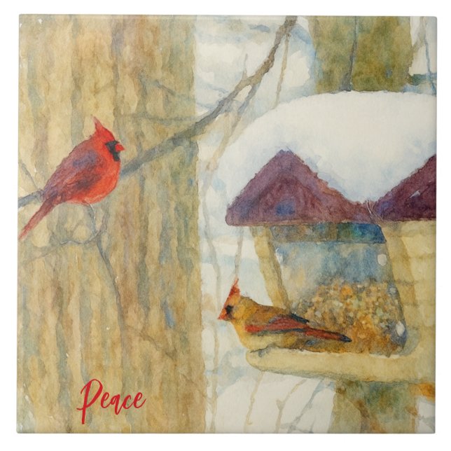 Watercolor Winter Cardinals Fliese (Vorderseite)