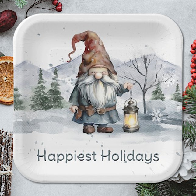 Watercolor Winter Christmas Gnome Pappteller (Watercolor Winter Christmas Gnome Paper Plates)