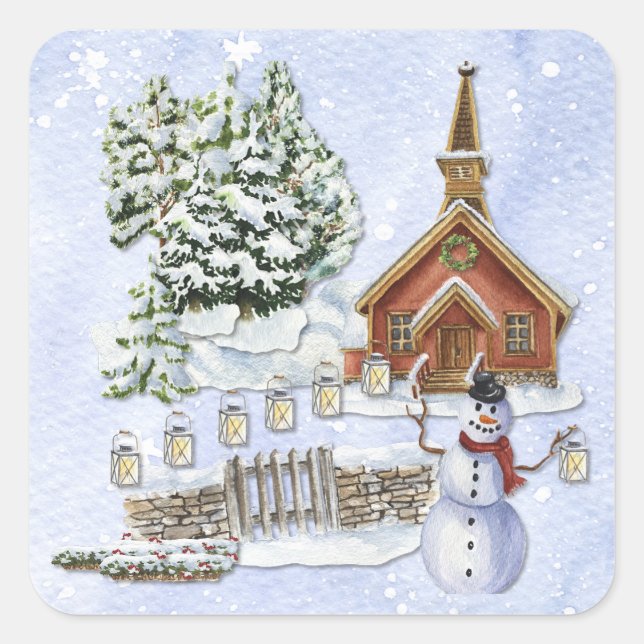Watercolor Winter Church Quadratischer Aufkleber (Vorderseite)