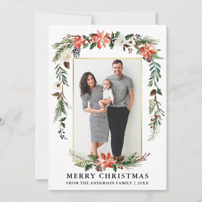 Watercolor Winter Floral Foto Goldrahmen Feiertagskarte (Vorderseite)