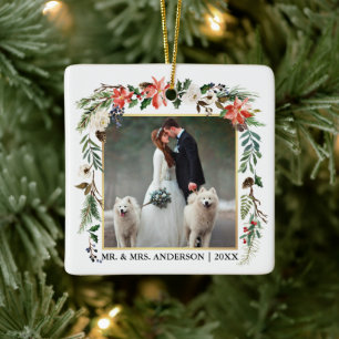 Watercolor Winter Floral Gold Rahmen Hochzeitsszel Keramikornament