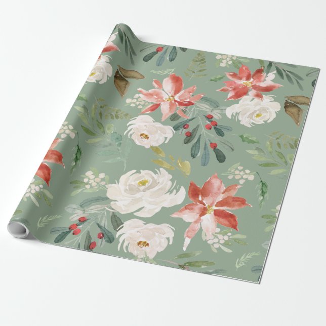 Watercolor Winter Floral Holly Berry Muster Green Geschenkpapier (Ungerollt)