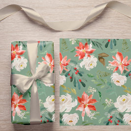 Watercolor Winter Floral Holly Berry Muster grün Geschenkpapier