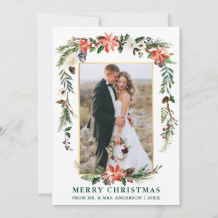 Watercolor Winter Floral Neu verheiratet Gold Gree Feiertagskarte