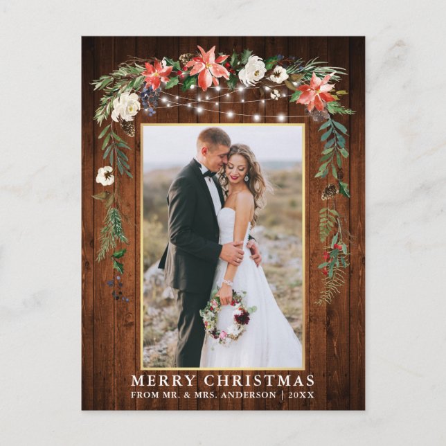 Watercolor Winter Floral Wood Gold Weihnachten Postkarte (Vorderseite)