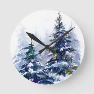 Watercolor winter forest Christmas tree modern ill Runde Wanduhr
