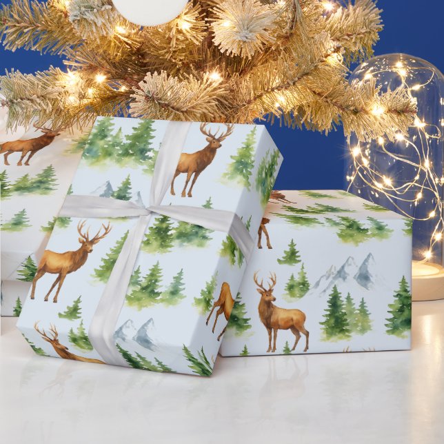 Watercolor Winter Forest - Deer and Snowy Trees -  Geschenkpapier (Feiertage)