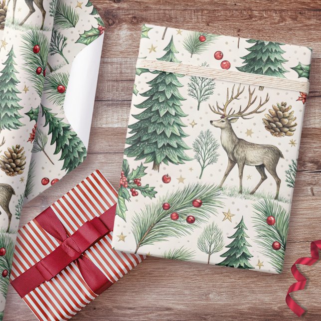 Watercolor Winter Forest Deer Christmas Geschenkpapier (Von Creator hochgeladen)