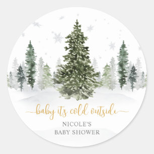 Watercolor Winter Forest Gold Baby Dusche Runder Aufkleber