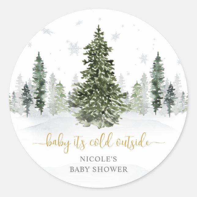 Watercolor Winter Forest Gold Baby Dusche Runder Aufkleber (Vorderseite)