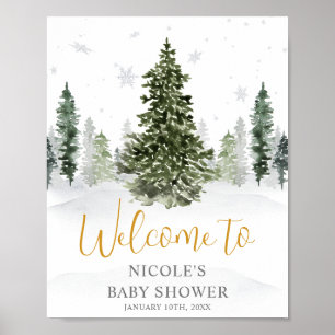 Watercolor Winter Forest Gold Baby Dusche Willkomm Poster