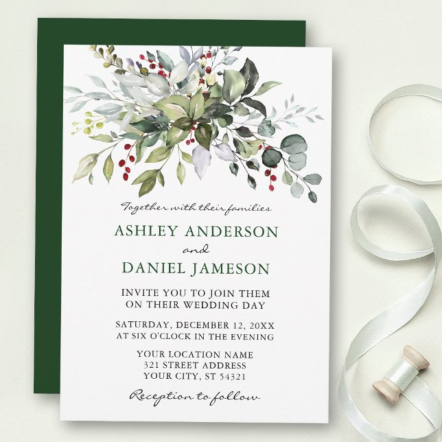 Watercolor Winter Greenerity Wedding Einladung (Customize to change text size, style or color of back of card.)