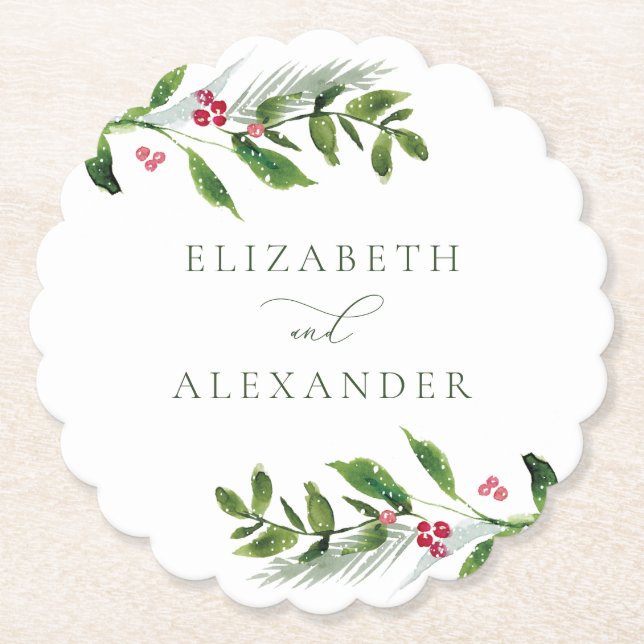 Watercolor Winter Greenery Moderne Weihnachten Untersetzer (Vorderseite)