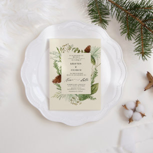 Watercolor Winter Greenery Posponed Wedding Einladung