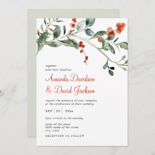 Watercolor Winter Greenery & Red Berries Wedding Einladung