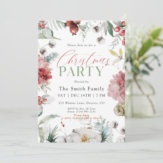 Watercolor Winter Holiday Floral Christmas Party Einladung (Stehend Vorderseite)