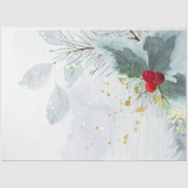 Watercolor Winter Holly Berry Pine Twig Weihnachte Seidenpapier