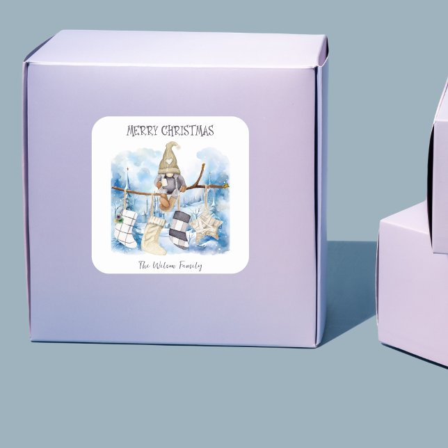 Watercolor Winter Lady Gnome Frohe Weihnachten Quadratischer Aufkleber (Von Creator hochgeladen)