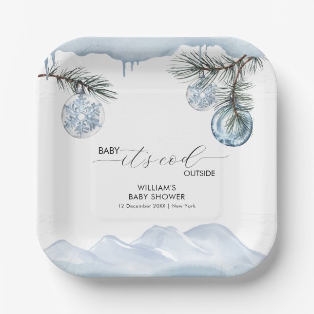 Watercolor Winter Mountain Snowflake Baby Shower Pappteller (Vorderseite)