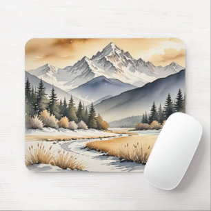 Watercolor Winter Mountain Valley Mousepad