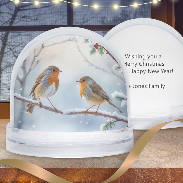 Watercolor Winter Robins Snow Globe Schneekugeln (A pretty snow globe with winter robins design in a watercolor style, and custom text on the back)