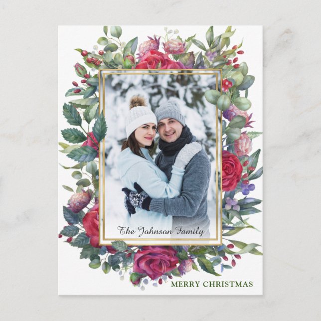 Watercolor Winter Rose Blume Foto Weihnachten Postkarte (Vorderseite)