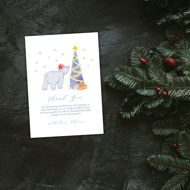 Watercolor Winter Santa Polar Bear Baby Shower  Dankeskarte (Watercolor Winter Santa Polar Bear Baby Shower Thank You Card)