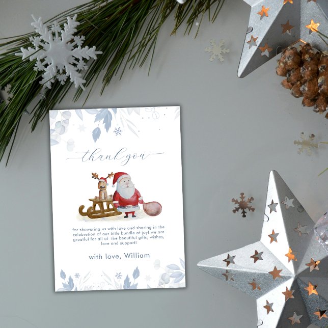 Watercolor Winter Sleigh Moose Santa Baby Shower  Dankeskarte (Watercolor Winter Sleigh Moose Santa Baby Shower Thank You Card)