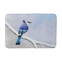 Watercolor Winter Snow Bird Blue Jay Badematte