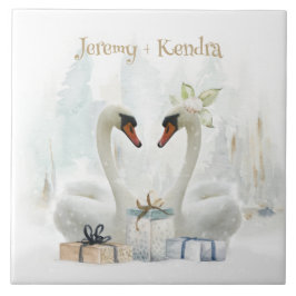 Watercolor Winter Swans Personalisiert Fliese